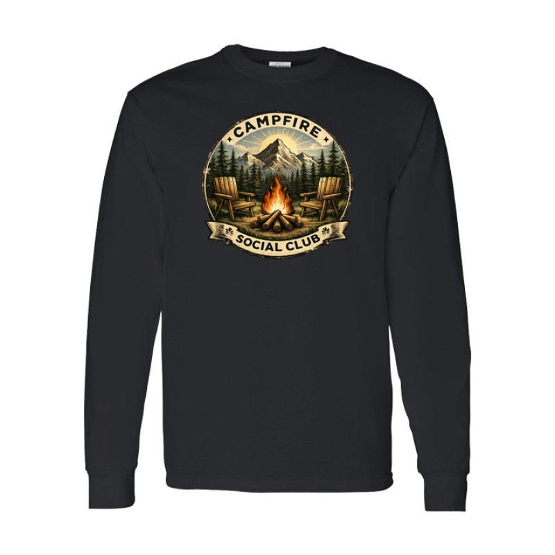 Long sleeve vintage camping shirt featuring Campfire Social Club badge design with mountain, campfire, and Adirondack chairs