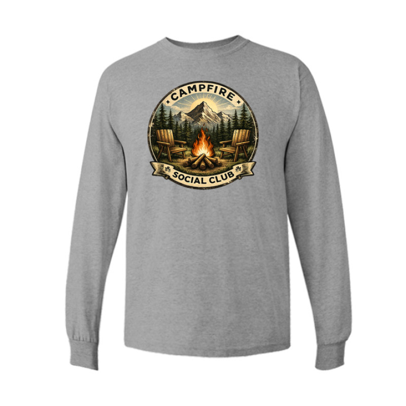 Long sleeve vintage camping shirt featuring Campfire Social Club badge design with mountain, campfire, and Adirondack chairs