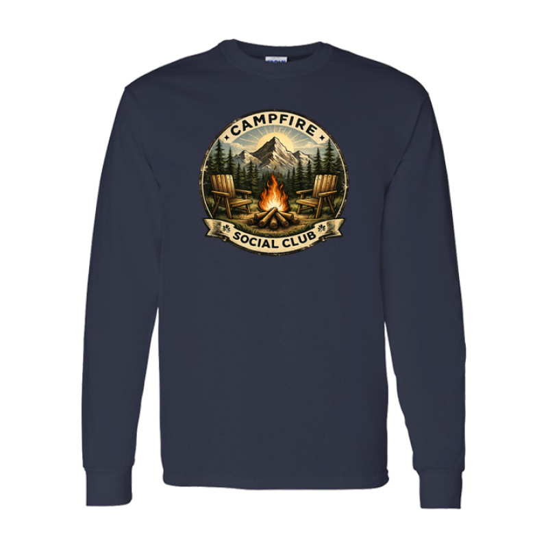 Long sleeve vintage camping shirt featuring Campfire Social Club badge design with mountain, campfire, and Adirondack chairs
