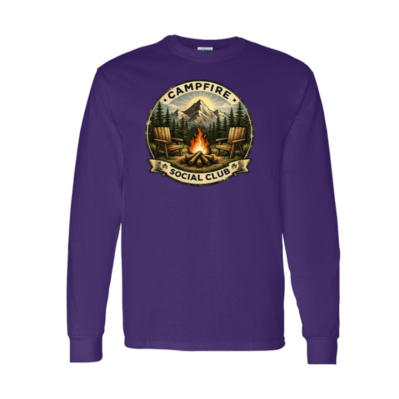 Long sleeve vintage camping shirt featuring Campfire Social Club badge design with mountain, campfire, and Adirondack chairs