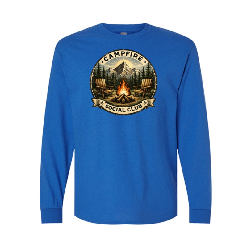 Long sleeve vintage camping shirt featuring Campfire Social Club badge design with mountain, campfire, and Adirondack chairs