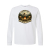 Long sleeve vintage camping shirt featuring Campfire Social Club badge design with mountain, campfire, and Adirondack chairs