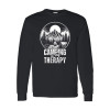 Long sleeve camping shirt featuring Camping is My Therapy text with woodcut mountain, campfire, and tent circular graphic design