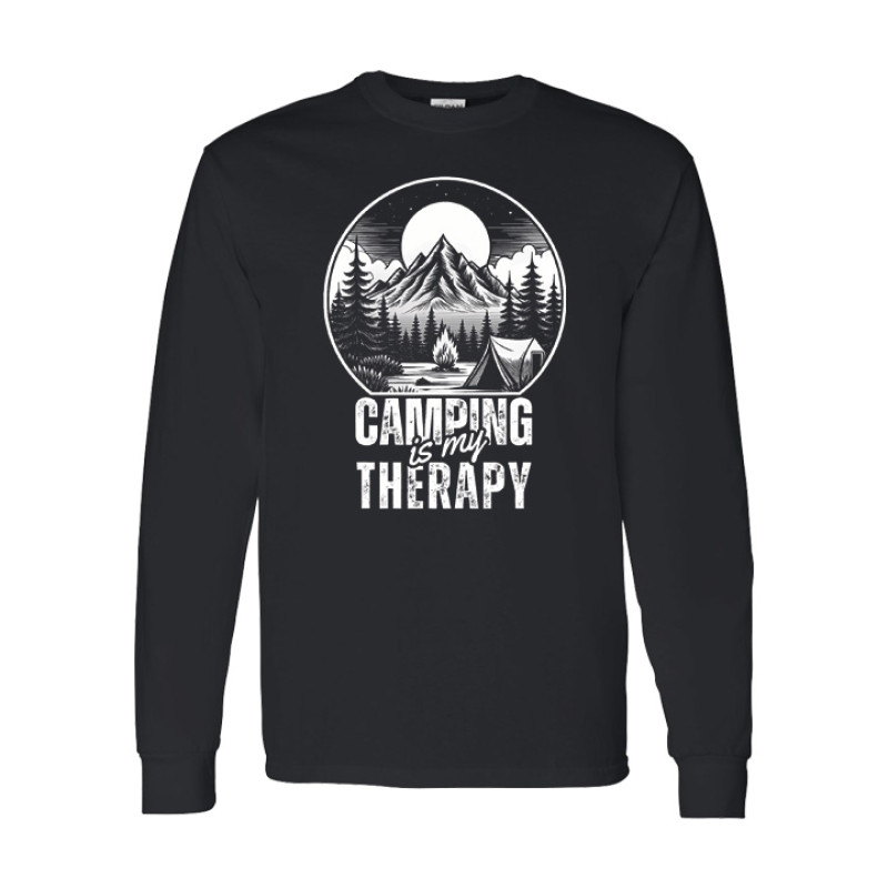 Long sleeve camping shirt featuring Camping is My Therapy text with woodcut mountain, campfire, and tent circular graphic design