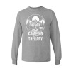 Long sleeve camping shirt featuring Camping is My Therapy text with woodcut mountain, campfire, and tent circular graphic design