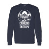 Long sleeve camping shirt featuring Camping is My Therapy text with woodcut mountain, campfire, and tent circular graphic design