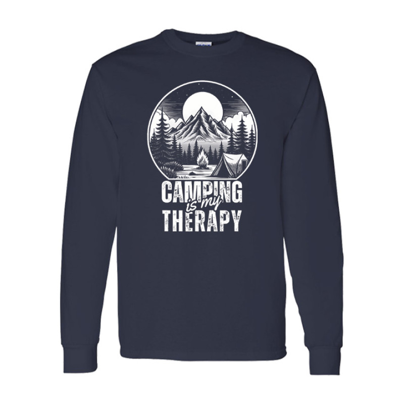 Long sleeve camping shirt featuring Camping is My Therapy text with woodcut mountain, campfire, and tent circular graphic design