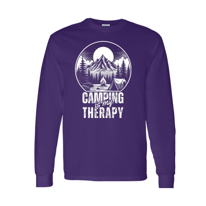 Long sleeve camping shirt featuring Camping is My Therapy text with woodcut mountain, campfire, and tent circular graphic design