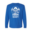 Long sleeve camping shirt featuring Camping is My Therapy text with woodcut mountain, campfire, and tent circular graphic design