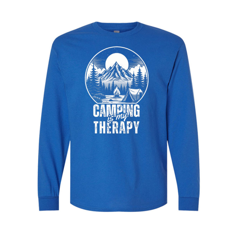 Long sleeve camping shirt featuring Camping is My Therapy text with woodcut mountain, campfire, and tent circular graphic design