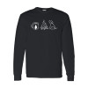 Long sleeve camping shirt featuring Coffee Campfire Dogs design with camp mug, campfire, and line-art dog silhouette graphic