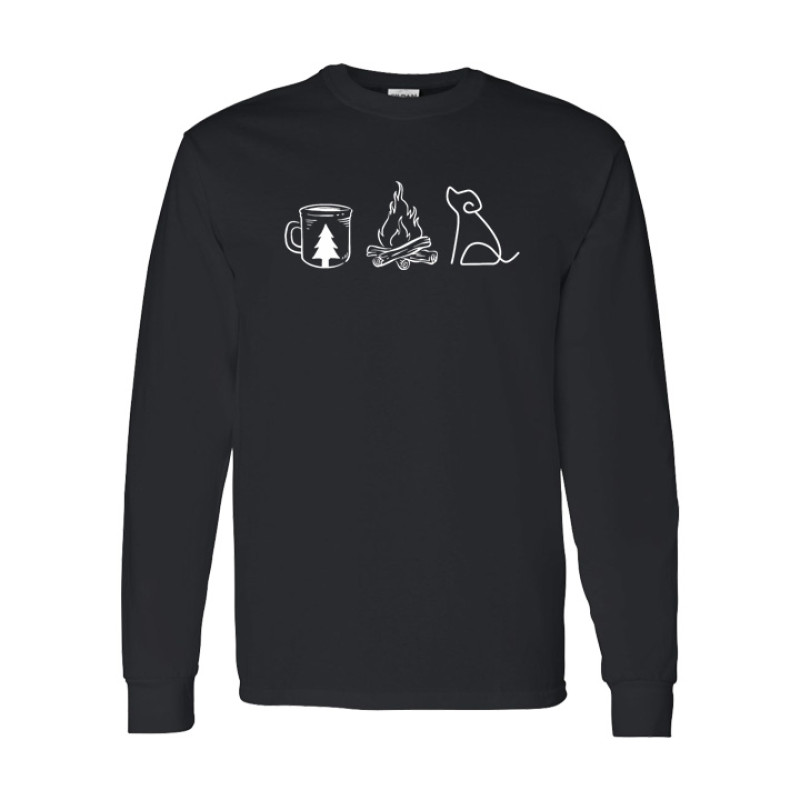 Long sleeve camping shirt featuring Coffee Campfire Dogs design with camp mug, campfire, and line-art dog silhouette graphic