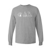 Long sleeve camping shirt featuring Coffee Campfire Dogs design with camp mug, campfire, and line-art dog silhouette graphic