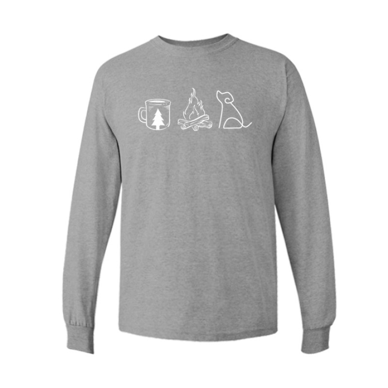 Long sleeve camping shirt featuring Coffee Campfire Dogs design with camp mug, campfire, and line-art dog silhouette graphic