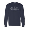 Long sleeve camping shirt featuring Coffee Campfire Dogs design with camp mug, campfire, and line-art dog silhouette graphic