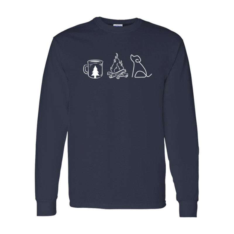 Long sleeve camping shirt featuring Coffee Campfire Dogs design with camp mug, campfire, and line-art dog silhouette graphic