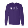 Long sleeve camping shirt featuring Coffee Campfire Dogs design with camp mug, campfire, and line-art dog silhouette graphic