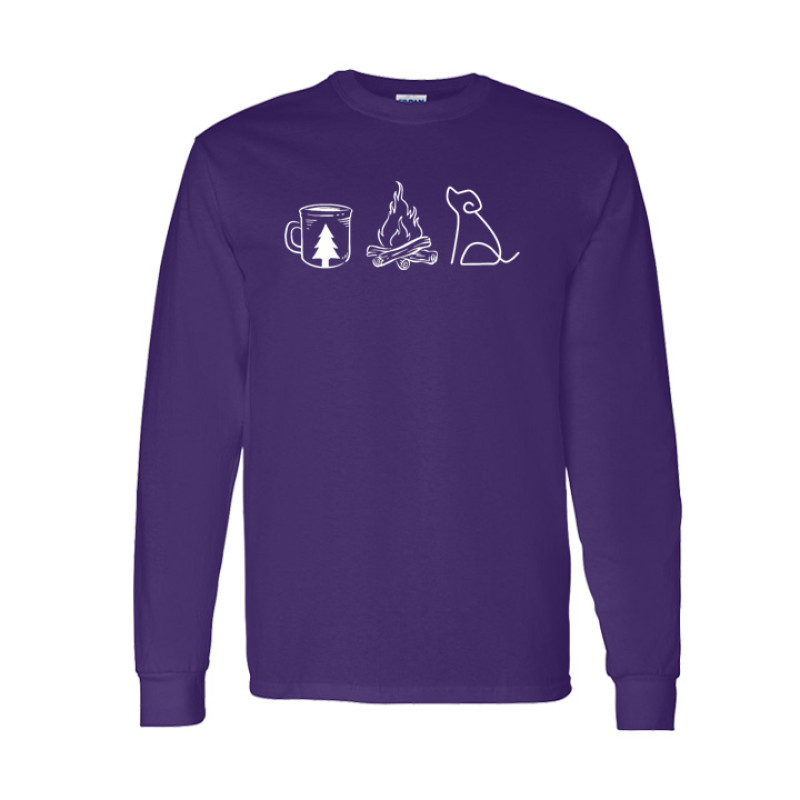 Long sleeve camping shirt featuring Coffee Campfire Dogs design with camp mug, campfire, and line-art dog silhouette graphic