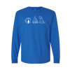 Long sleeve camping shirt featuring Coffee Campfire Dogs design with camp mug, campfire, and line-art dog silhouette graphic