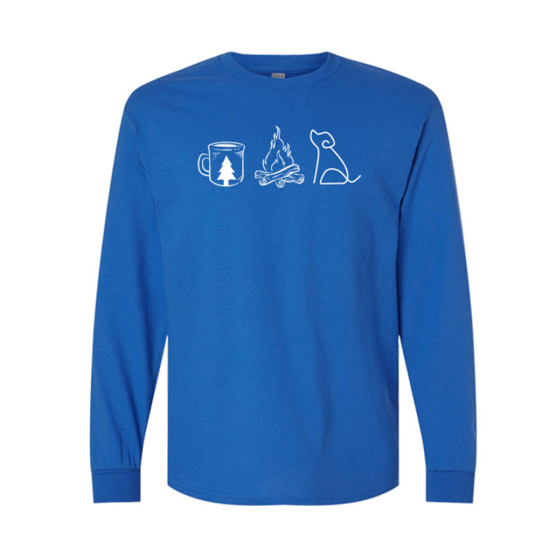 Long sleeve camping shirt featuring Coffee Campfire Dogs design with camp mug, campfire, and line-art dog silhouette graphic