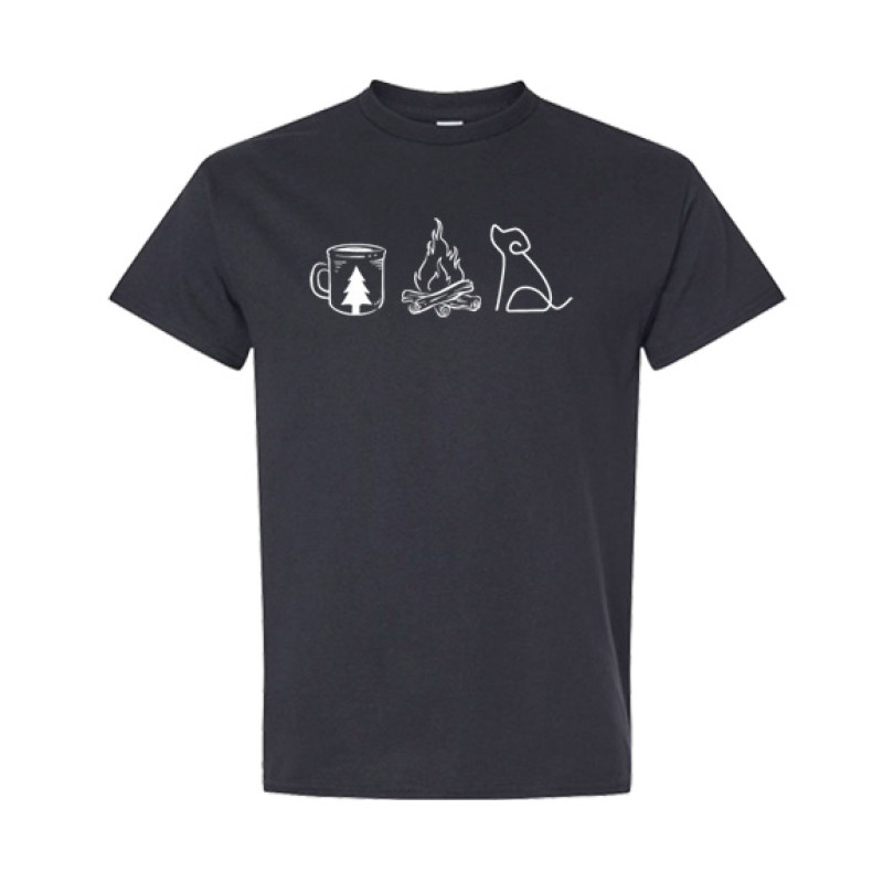 Classic fit camping shirt featuring Coffee Campfire Dogs design with camp mug, campfire, and line-art dog silhouette graphic