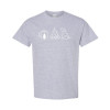 Classic fit camping shirt featuring Coffee Campfire Dogs design with camp mug, campfire, and line-art dog silhouette graphic