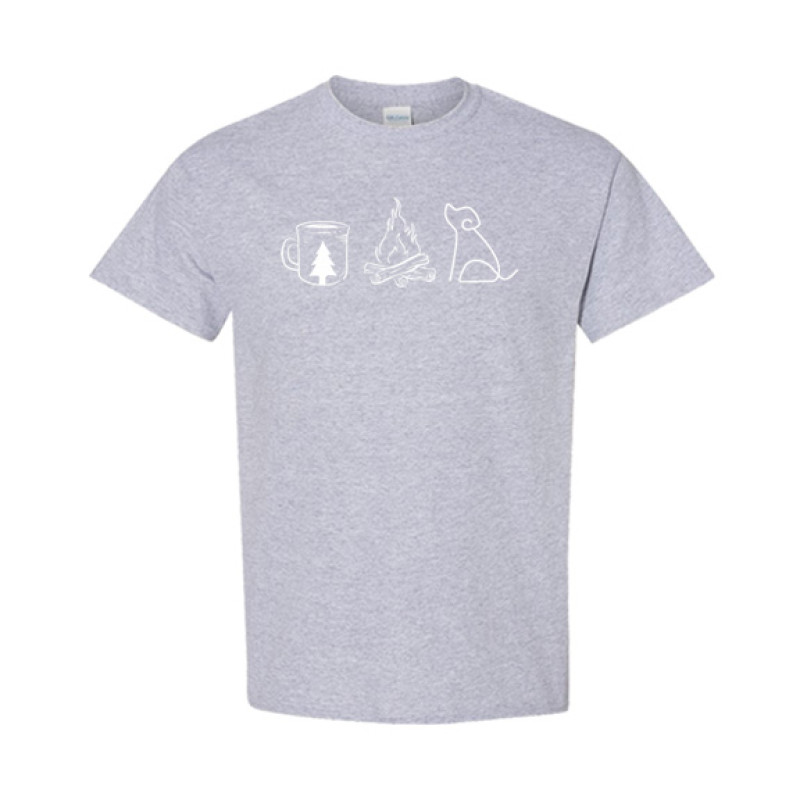 Classic fit camping shirt featuring Coffee Campfire Dogs design with camp mug, campfire, and line-art dog silhouette graphic