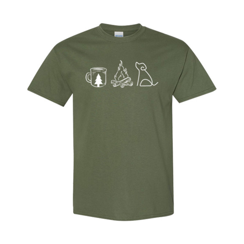 Classic fit camping shirt featuring Coffee Campfire Dogs design with camp mug, campfire, and line-art dog silhouette graphic