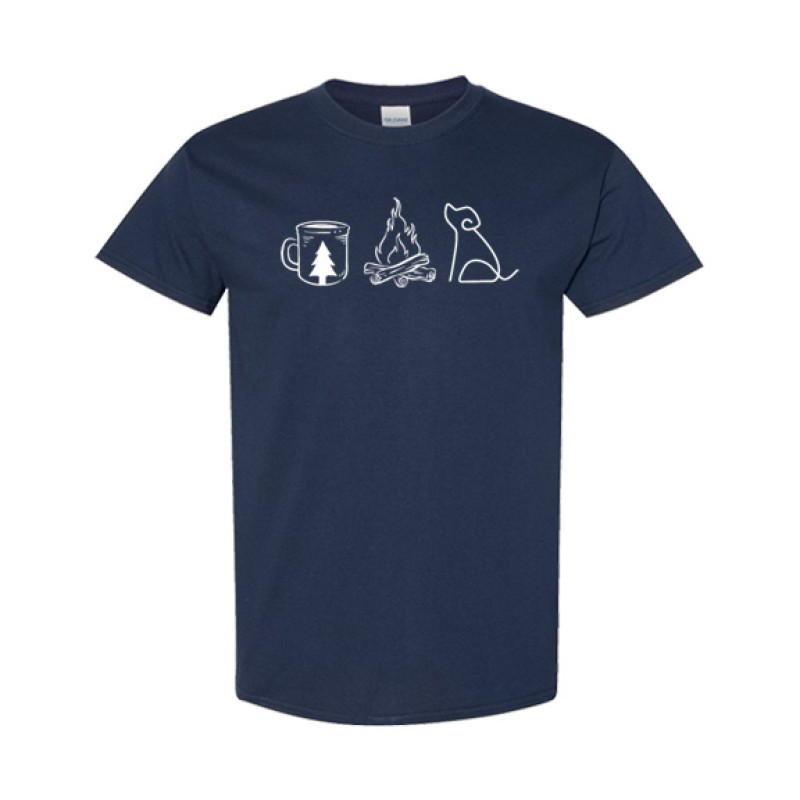 Classic fit camping shirt featuring Coffee Campfire Dogs design with camp mug, campfire, and line-art dog silhouette graphic