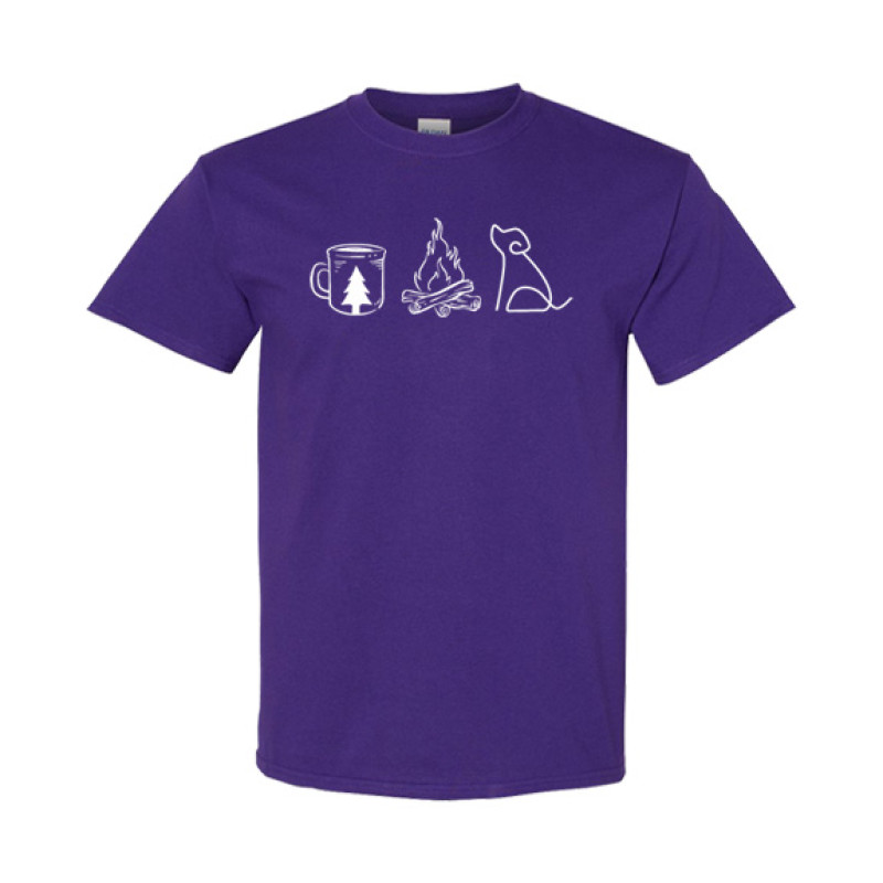 Classic fit camping shirt featuring Coffee Campfire Dogs design with camp mug, campfire, and line-art dog silhouette graphic