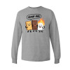 Long sleeve funny camping shirt featuring Group Hug cartoon design with smiling graham cracker, chocolate bar, and burning marshmallow characters