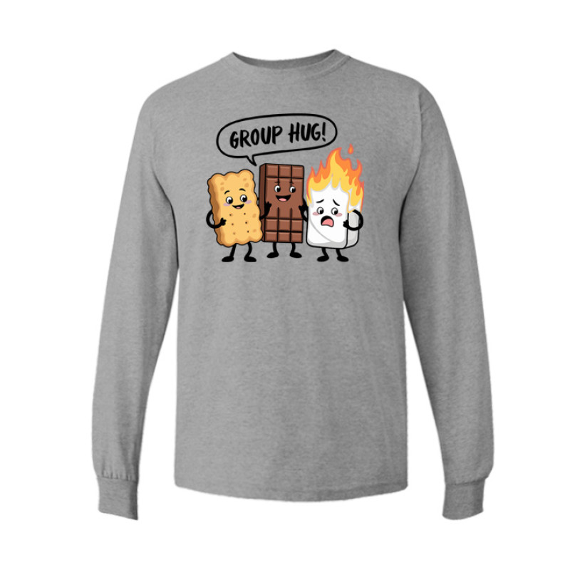 Long sleeve funny camping shirt featuring Group Hug cartoon design with smiling graham cracker, chocolate bar, and burning marshmallow characters