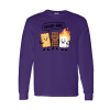 Long sleeve funny camping shirt featuring Group Hug cartoon design with smiling graham cracker, chocolate bar, and burning marshmallow characters