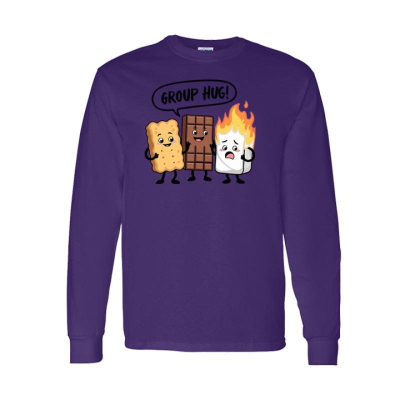 Long sleeve funny camping shirt featuring Group Hug cartoon design with smiling graham cracker, chocolate bar, and burning marshmallow characters