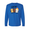 Long sleeve funny camping shirt featuring Group Hug cartoon design with smiling graham cracker, chocolate bar, and burning marshmallow characters