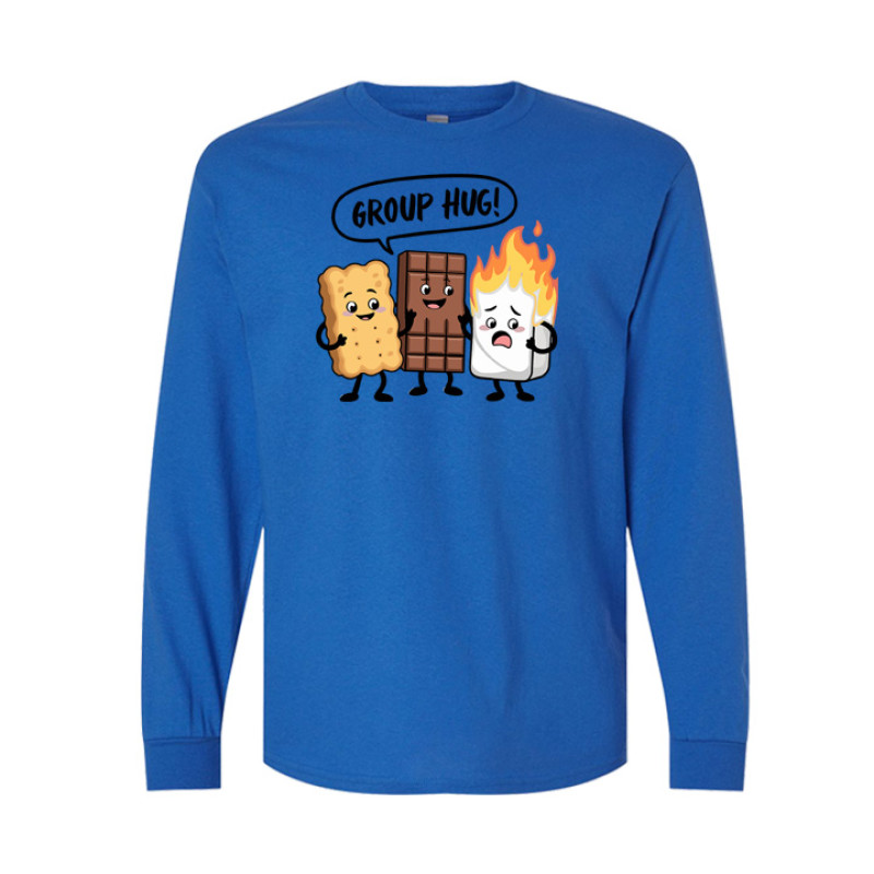 Long sleeve funny camping shirt featuring Group Hug cartoon design with smiling graham cracker, chocolate bar, and burning marshmallow characters