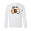 Long sleeve funny camping shirt featuring Group Hug cartoon design with smiling graham cracker, chocolate bar, and burning marshmallow characters