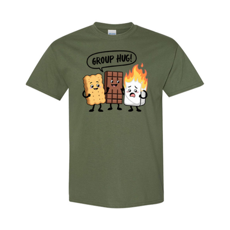 Funny camping shirt featuring Group Hug cartoon design with smiling graham cracker, chocolate bar, and burning marshmallow characters