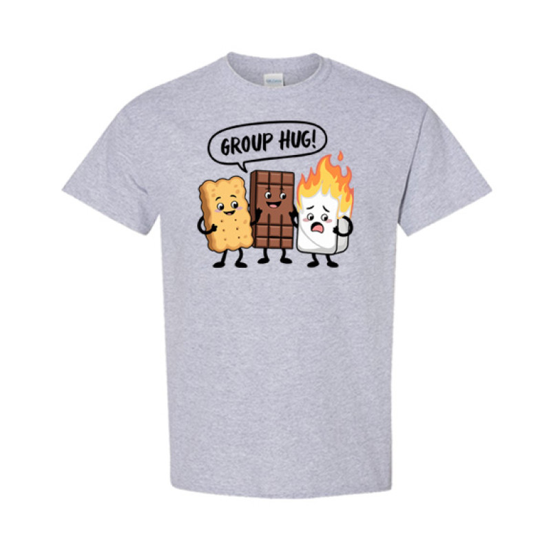 Funny camping shirt featuring Group Hug cartoon design with smiling graham cracker, chocolate bar, and burning marshmallow characters