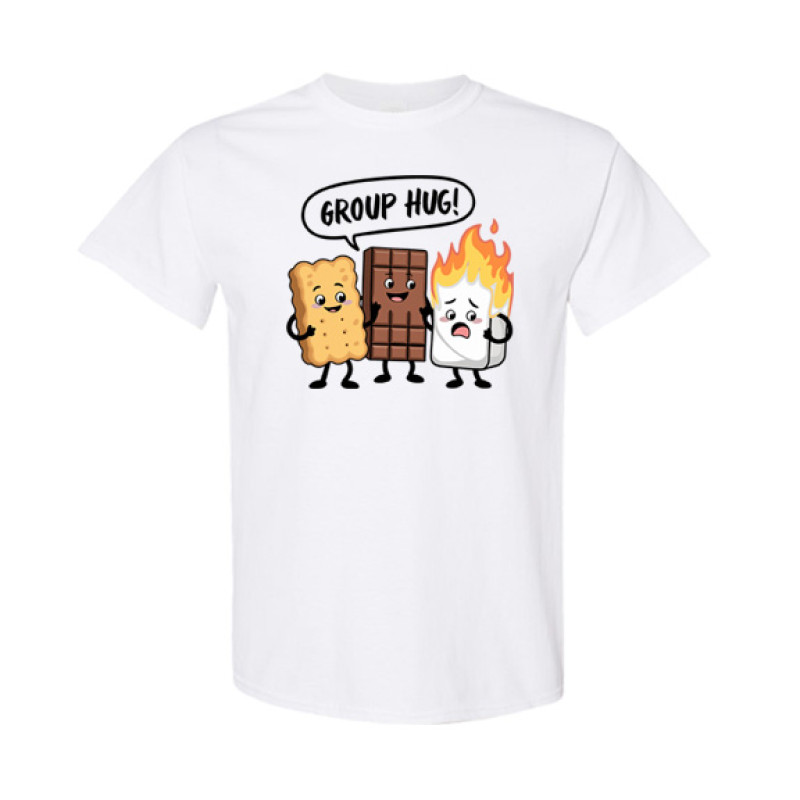 Funny camping shirt featuring Group Hug cartoon design with smiling graham cracker, chocolate bar, and burning marshmallow characters