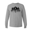 Long sleeve camping shirt featuring Off the Grid bold text with mountain silhouette, pine trees, and compass rose graphic