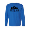Long sleeve camping shirt featuring Off the Grid bold text with mountain silhouette, pine trees, and compass rose graphic