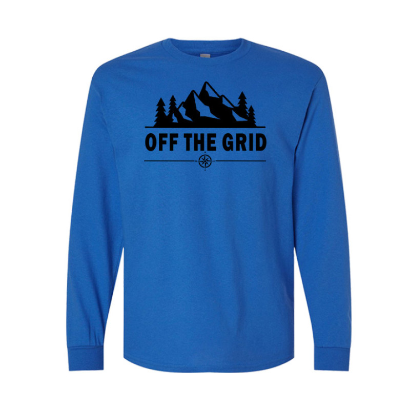 Long sleeve camping shirt featuring Off the Grid bold text with mountain silhouette, pine trees, and compass rose graphic