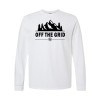 Long sleeve camping shirt featuring Off the Grid bold text with mountain silhouette, pine trees, and compass rose graphic