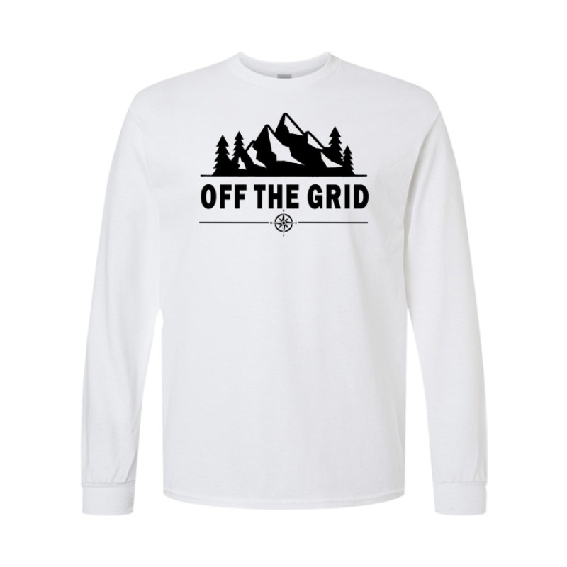 Long sleeve camping shirt featuring Off the Grid bold text with mountain silhouette, pine trees, and compass rose graphic
