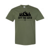 Classic fit camping shirt featuring Off the Grid bold text with mountain silhouette, pine trees, and compass rose graphic