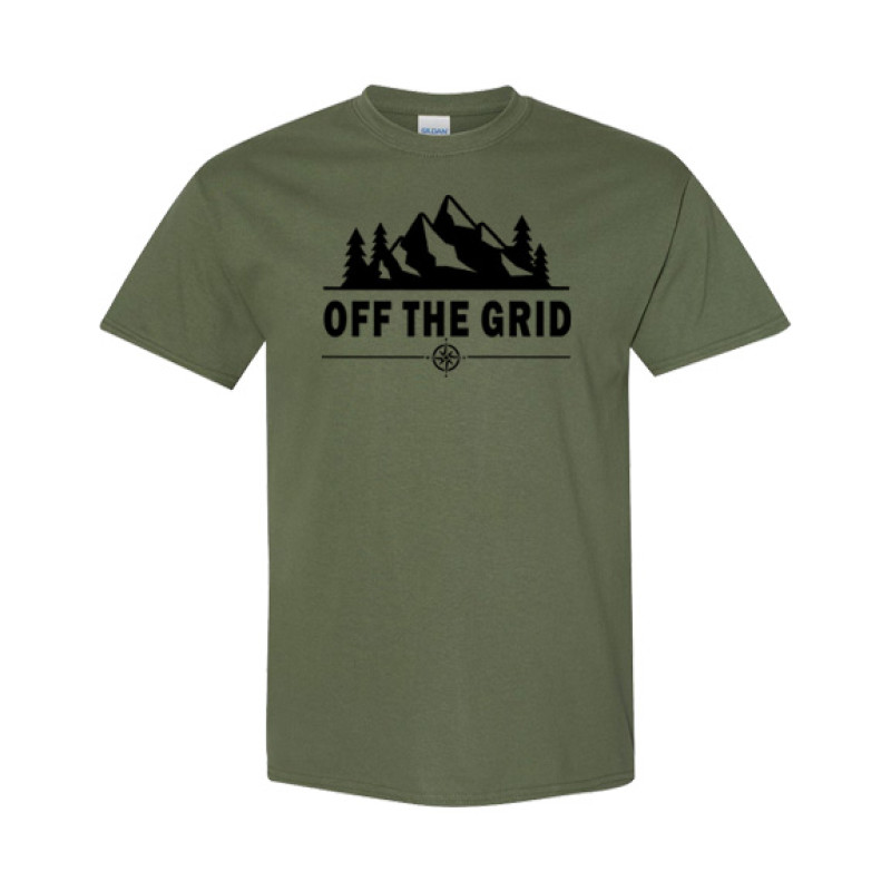 Classic fit camping shirt featuring Off the Grid bold text with mountain silhouette, pine trees, and compass rose graphic