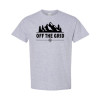 Classic fit camping shirt featuring Off the Grid bold text with mountain silhouette, pine trees, and compass rose graphic