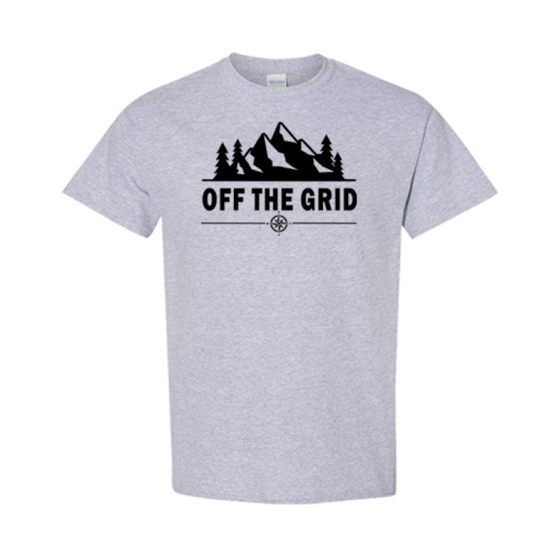 Classic fit camping shirt featuring Off the Grid bold text with mountain silhouette, pine trees, and compass rose graphic