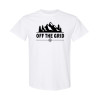 Classic fit camping shirt featuring Off the Grid bold text with mountain silhouette, pine trees, and compass rose graphic